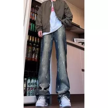 Джинсовые брюки High Street для мужчин, ретро-состаренные, свободные прямые брюки, спортивные брюки с широкими штанинами, модные S темно-синий