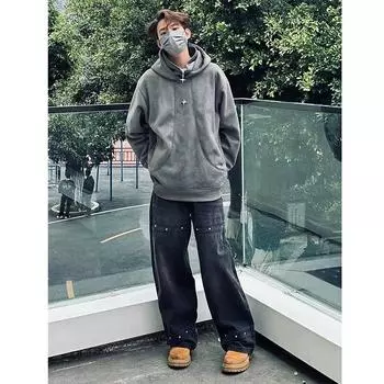 Джинсовые брюки High Street для мужчин, ретро-состаренные, свободные прямые брюки, спортивные брюки с широкими штанинами, модные S