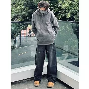 Джинсовые брюки High Street для мужчин, ретро-состаренные, свободные прямые брюки, спортивные брюки с широкими штанинами, модные S