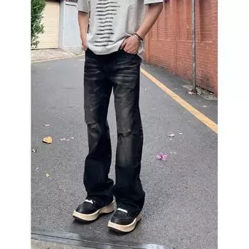 Джинсовые брюки High Street для мужчин, ретро-состаренные, свободные прямые брюки, спортивные брюки с широкими штанинами, модные S чёрный