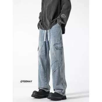 Джинсовые брюки High Street для мужчин, ретро-состаренные, свободные прямые брюки, спортивные брюки с широкими штанинами, модные S чёрный