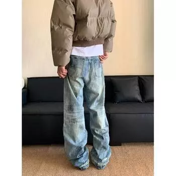 Джинсовые брюки High Street для мужчин, ретро-состаренные, свободные прямые брюки, спортивные брюки с широкими штанинами, модные S синий