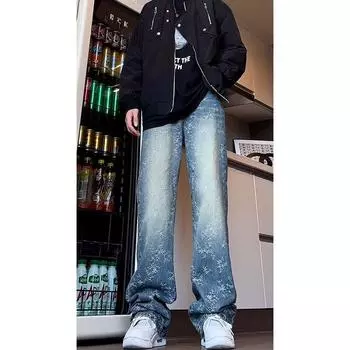 Джинсовые брюки High Street для мужчин, ретро-состаренные, свободные прямые брюки, спортивные брюки с широкими штанинами, модные S темно-синий