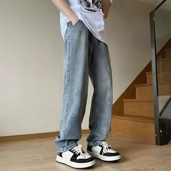 Джинсовые брюки High Street для мужчин, ретро-состаренные, свободные прямые брюки, спортивные брюки с широкими штанинами, модные S синий