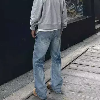 Джинсовые брюки High Street для мужчин, ретро-состаренные, свободные прямые брюки, спортивные брюки с широкими штанинами, модные S синий