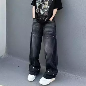 Джинсовые брюки High Street для мужчин, ретро-состаренные, свободные прямые брюки, спортивные брюки с широкими штанинами, модные S