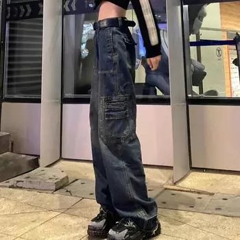 Джинсовые брюки-карго Ретро синие свободные прямые широкие брюки с высокой талией и карманами Корейская мода S синий