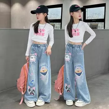 Джинсовые брюки с эластичной талией для девочек, синие, с рисунком из мультфильмов, весенние модные детские милые широкие брюки 160cm