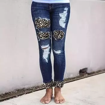 Джинсовые брюки с аппликацией в леопардовый принт и подвернутым краем S синий