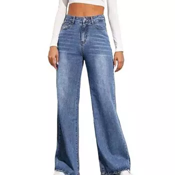 Джинсовые брюки с высокой талией, застежка на молнию и пуговицы, прямые, широкие, длинные брюки с карманами, универсальные повседневные джинсы S светло-синий