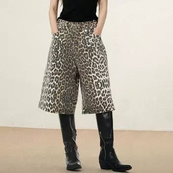 Джинсовые брюки унисекс с леопардовым принтом, свободные прямые ретро со средней талией, застежка-молния и пуговицы, длиной до колена, вечерние уличная одежда, Клубные женские и мужские брюки L леопардовый