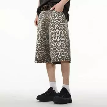 Джинсовые брюки унисекс с леопардовым принтом, свободные прямые ретро со средней талией, застежка-молния и пуговицы, длиной до колена, вечерние уличная одежда, Клубные женские и мужские брюки M леопардовый