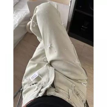 Джинсовые брюки женские карманы тяжелые бусины осенняя мода повседневные прямые женские брюки корейский шик панталоны женские брюки большого размера 4XL светло-синий