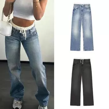 Джинсовые брюки женские повседневные джинсы с кружевом в стиле пэчворк модные уличные свободные повседневные джинсы с высокой талией прямые широкие джинсы XS синий