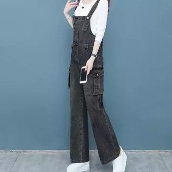 Джинсовые комбинезоны женские весна-осень свободные модные брюки с карманами и широкими штанинами XXL чёрный