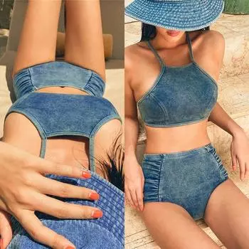 Джинсовые купальники, женские бикини в ковбойском стиле, приморские купальники, сексуальный горячий весенний купальник с феей, монокини, женские джинсы, бикини M синий