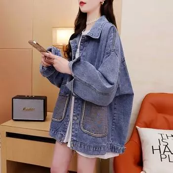 Джинсовые куртки для женщин Модная джинсовая куртка в стиле вестерн, куртка-жакет большого размера на пуговицах с карманами S синий