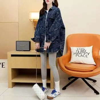 Джинсовые куртки для женщин Модная рубашка с длинным рукавом на пуговицах Джинсовая куртка с принтом S синий