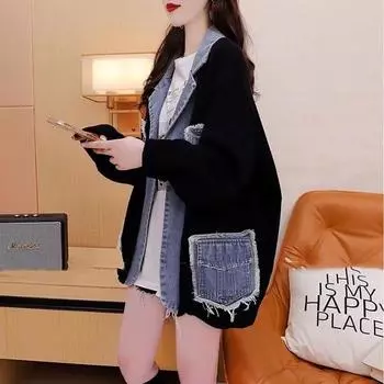 Джинсовые куртки женские с лацканами, сшитые трикотажные открытые стежки с длинным рукавом, верхняя одежда женская одежда One Size хаки