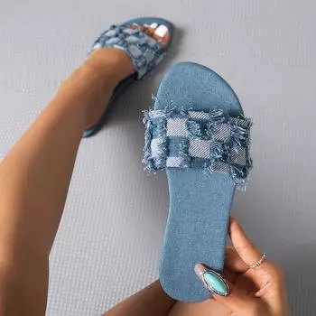 Джинсовые летние тапочки, женские роскошные уличные пляжные шлепанцы на плоской подошве, женские сандалии, шлепанцы с клетчатым дизайном, женская обувь, размер 43 35