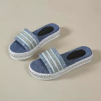 Джинсовые модные тапочки, женская обувь, новые летние тапочки с открытым носком, женская обувь на плоской подошве в пол 35