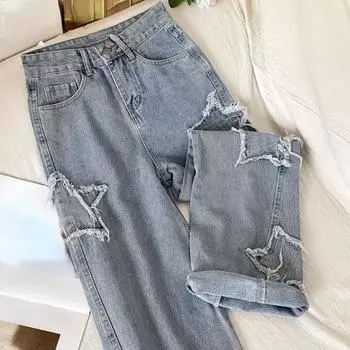 Джинсовые популярные Ins Fashion Корейский со звездой 2023 Весна Осень Новые прямые свободные джинсы с высокой талией S синий