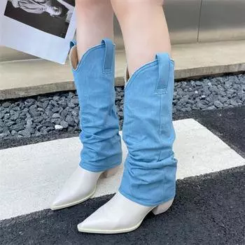 Джинсовые сапоги в западном стиле, женские брючные сапоги до колена на массивном каблуке с острым носком, модные уличные джинсовые сапоги 36 бежевый