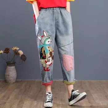 Джинсовые шаровары с эластичной резинкой на талии и вышивкой на талии, женские летние свободные брюки большого размера для отдыха с редисом 2XL синий