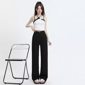 Джинсовые широкие брюки из тенселя, прямые брюки-трубы с высокой талией и драпировкой, свободные брюки из ледяного шелка. XS чёрный