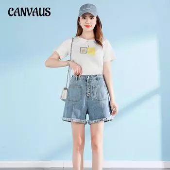 Джинсовые шорты больших размеров, женские летние свободные брюки из мешковины с высокой талией, широкие брюки Tide L чёрный