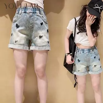 Джинсовые шорты для девочек, лето 2024, новые повседневные брюки, детские летние шорты с вышивкой, летние брюки для девочек 120cm синий