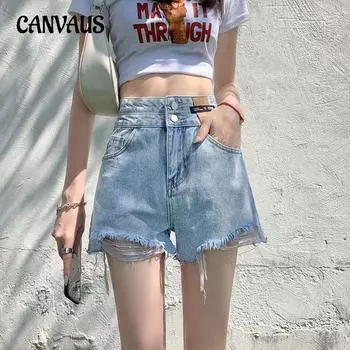 Джинсовые шорты для женщин, летние тонкие повседневные шерстяные шорты с высокой талией и широкими штанинами S чёрный