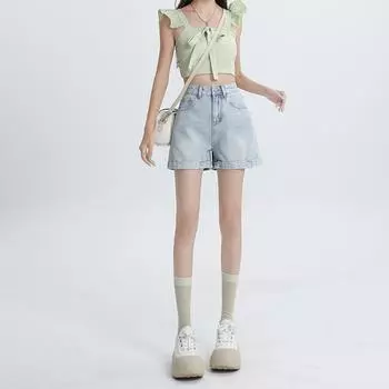 Джинсовые шорты для женщин, лето, новые ретро-шорты с закругленными краями и высокой талией, узкие шорты А-силуэта для женщин, маленькие люди в брюках XS