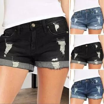 Джинсовые шорты для женщин, рваные джинсовые шорты со средней посадкой и карманами, летние повседневные эластичные джинсовые шорты с манжетами и подолом S светло-синий