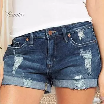 Джинсовые шорты для женщин, рваные джинсовые шорты со средней посадкой и карманами, летние повседневные эластичные джинсовые шорты с манжетами и подолом L темно-синий