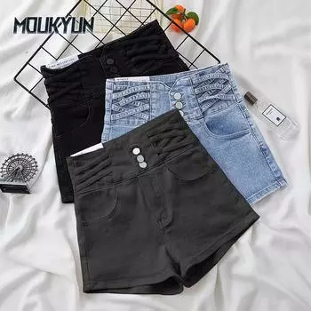 Джинсовые шорты женские летние корейские стиль высокая талия студенческие свободные и тонкие большие размеры бандажные широкие шорты тенденция Y2k XS светло-синий