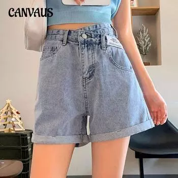 Джинсовые шорты женские, летние, с диагональными пуговицами, прямые повседневные широкие шорты S светло-синий