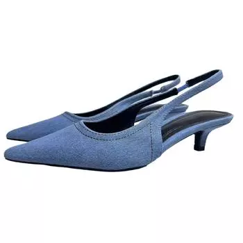 Джинсовые синие женские туфли-лодочки Свадебные туфли для невесты Элегантные туфли на низком каблуке с открытой пяткой Женские сандалии с острым носком Женские летние сандалии 2024 Женские роскошные сандалии 42 синий