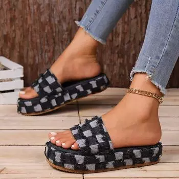 Джинсовые тапочки на платформе женские летние 2024 года, новые импортные товары, большие размеры, повседневные тапочки с бахромой в виде тысячи птиц для женщин 36 синий