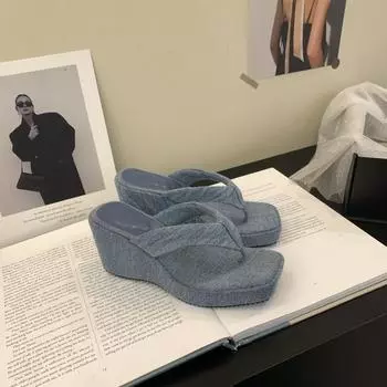 Джинсовые тапочки на толстой подошве, шлепанцы на платформе для женщин, тапочки с квадратным носком, женские шлепанцы, модная летняя обувь 35 чёрный