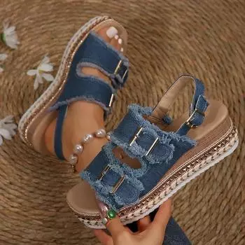 Джинсовые тапочки, женская обувь, нескользящие удобные летние шлепанцы, уличная пляжная повседневная обувь, женские сандалии на высоком каблуке 41 синий