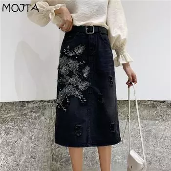 Джинсовые юбки миди, женская джинсовая юбка с высокой талией, расшитая бисером и цветочным принтом, джинсы с разрезом, прямые юбки, юбка больших размеров S