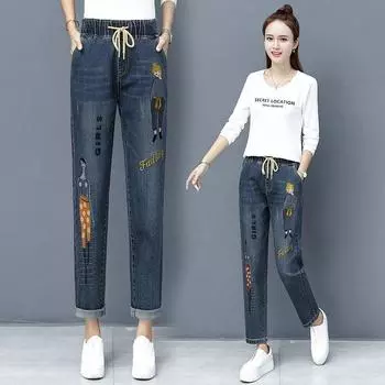 Джинсовые женские брюки с высокой талией, летние и осенние свободные шаровары, укороченные брюки с эластичной резинкой на талии, универсальные брюки-карандаш 2XL очистить синий