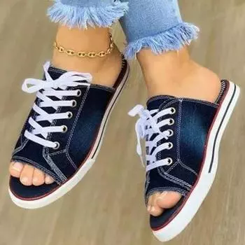 Джинсовые женские шлепанцы с открытым носком на платформе, на низком каблуке с перекрестной завязкой, летние женские тапочки на открытом воздухе 35 темно-синий