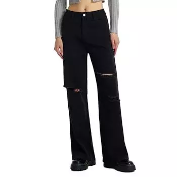 Джинсовые женские свободные широкие брюки с высокой талией и рваными джинсами L чёрный