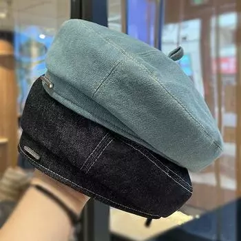Джинсовый берет детский весна и осень корейская версия темперамента универсальный лицо маленький большой окружность головы металлический буквенный знак шляпа художника M56-58cm чёрный