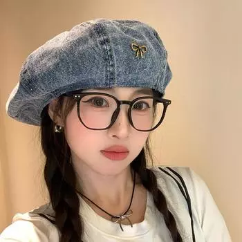 Джинсовый берет с бантом, женская ретро-шляпа художника-облачника с большой окружностью головы, показывающая лицо, маленькая шляпа с бутоном и звездчатым анисом Adjustable 55-59cm