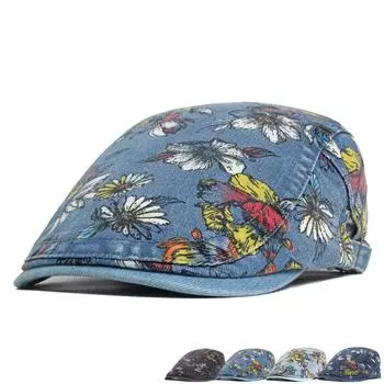 Джинсовый берет с цветком пиона, женская кепка с принтом, шляпа художника, кепка газетчика синий