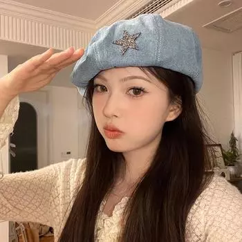 Джинсовый берет женский летний Face маленький универсальный дышащий тонкий весенне-осенний Star Painter Bud Hat M56-58cm светло-синий