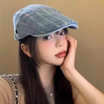 Джинсовый берет женский весенне-летний японский ретро-шляпа с антиполосатым узором спереди, большая окружность головы, показывающая лицо, маленькая шляпа художника Adjustable - Color Bar Forward светло-синий
